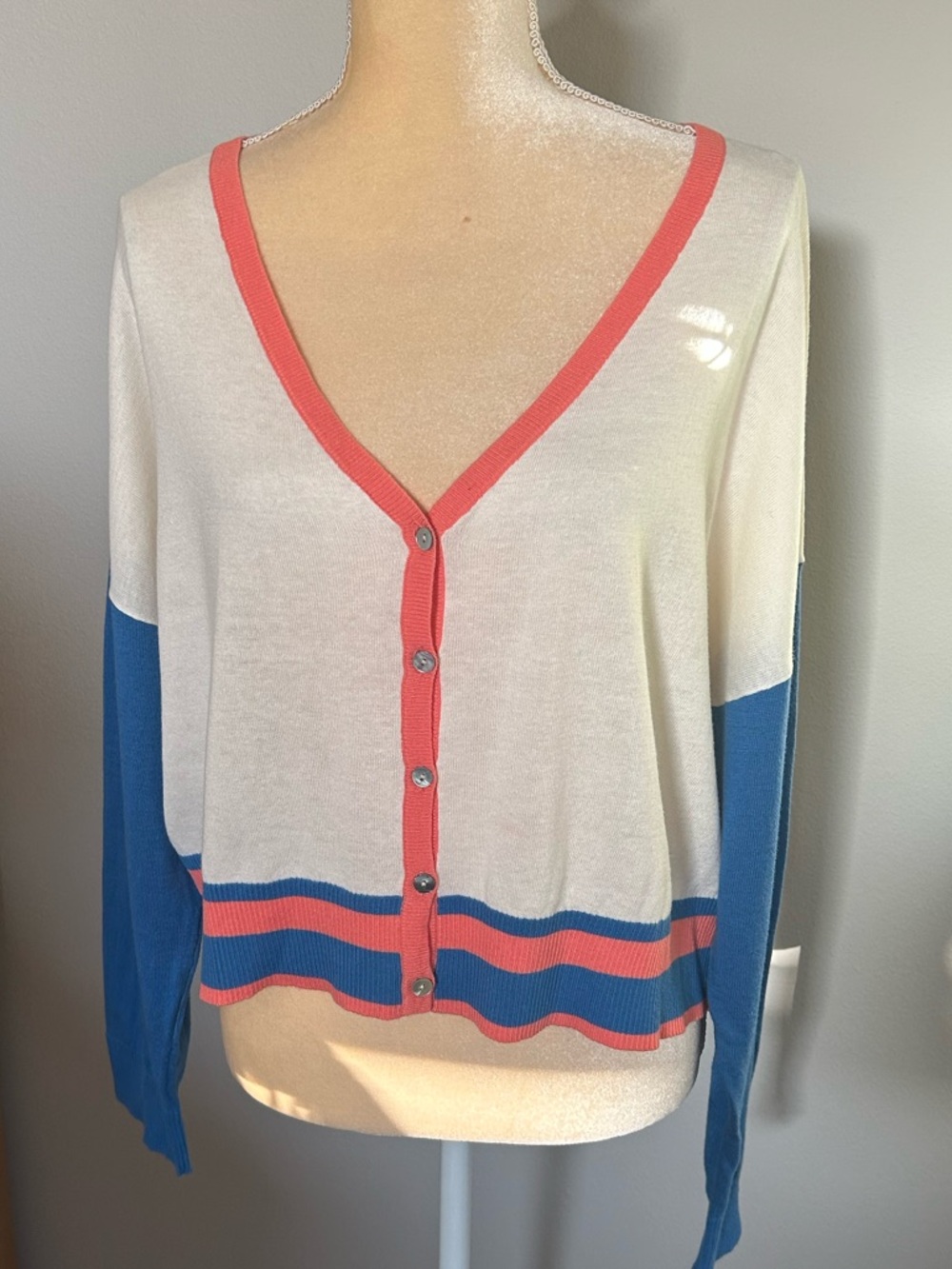 NEW 78&Sunny Cropped V-Neck Button Cardigan - Cream, Coral & Blue OS